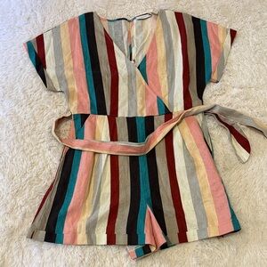 Lush linen blend Vertical Stripe Short Sleeve Romper